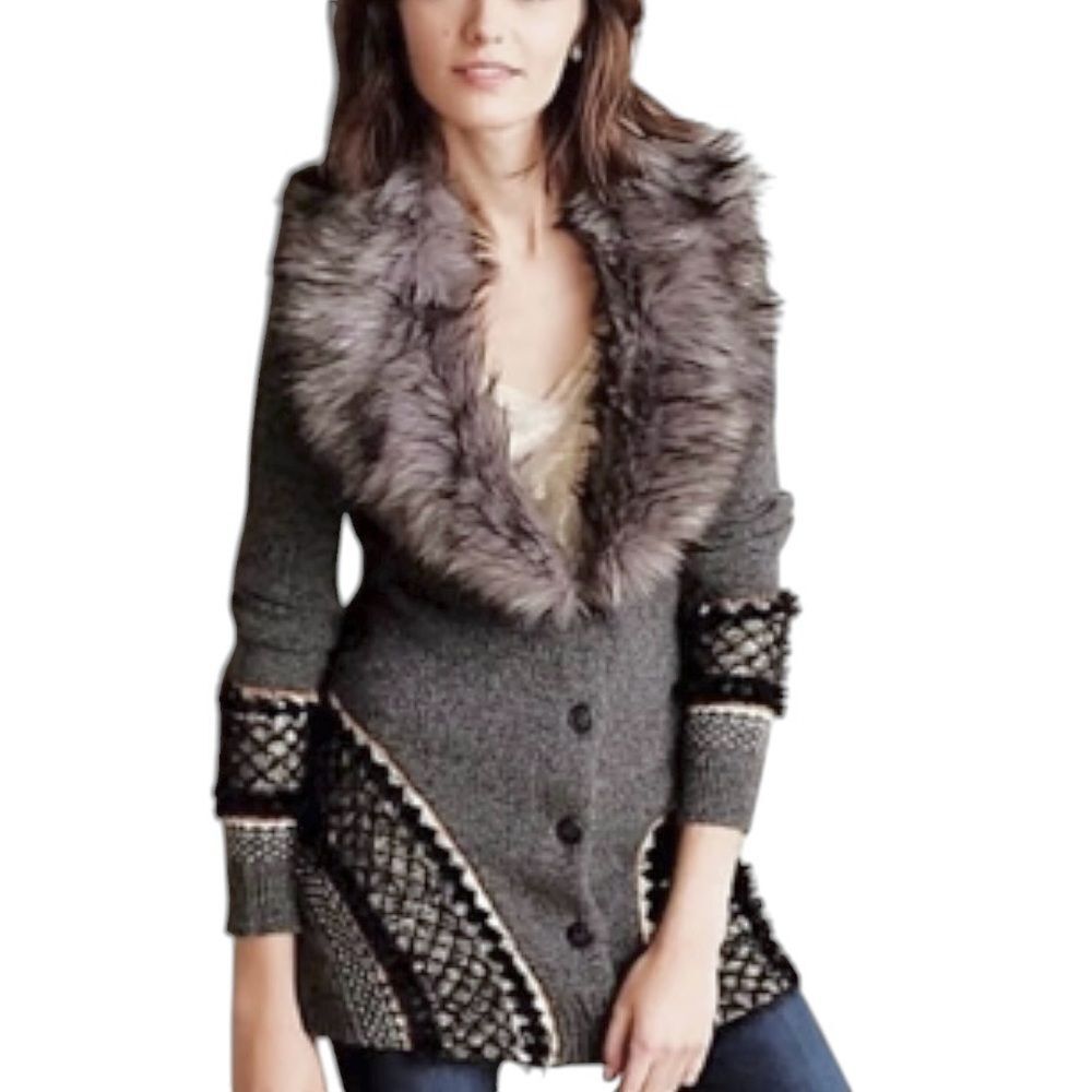 Anthropologie Corby Lodge Faux Fur Gray Cardigan Sweater S